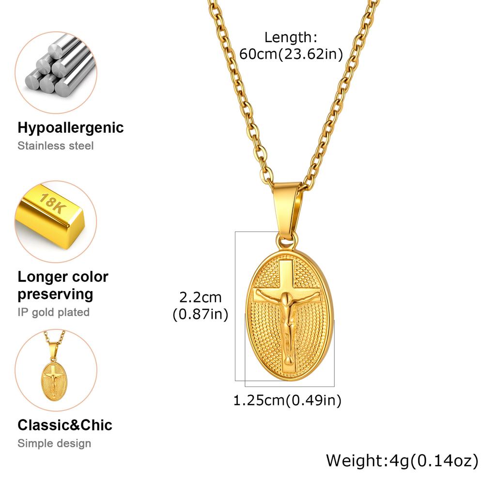 Stainless Steel Jesus Cross Oval Pendant Necklace for Women, Anti Tarnish Religious Prayer Communion Jewelry Gift