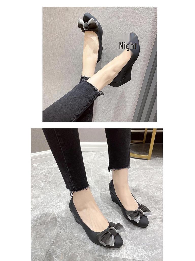 2022 Autumn Bow-Accented Pointed Toe Soft Wedge Heel Shoes