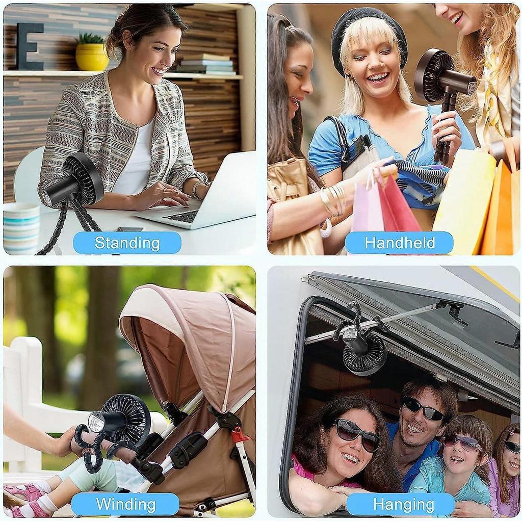 Mini Portable Fan , USB Rechargeable or Battery Operated Handheld Personal Portable Fan, Flexible Tripod Baby Stroller Fan 3 Speed Clip on Fan for Car