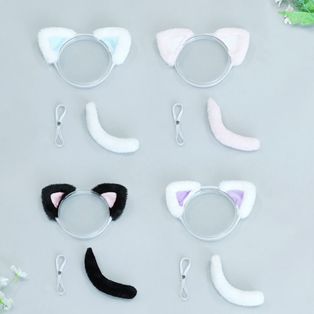 20CM Dolls Accessories Plush Cat Ear Headband Soft Tail Plush Toys Doll Headwear For 14inch Doll Clothes Hair Decoration