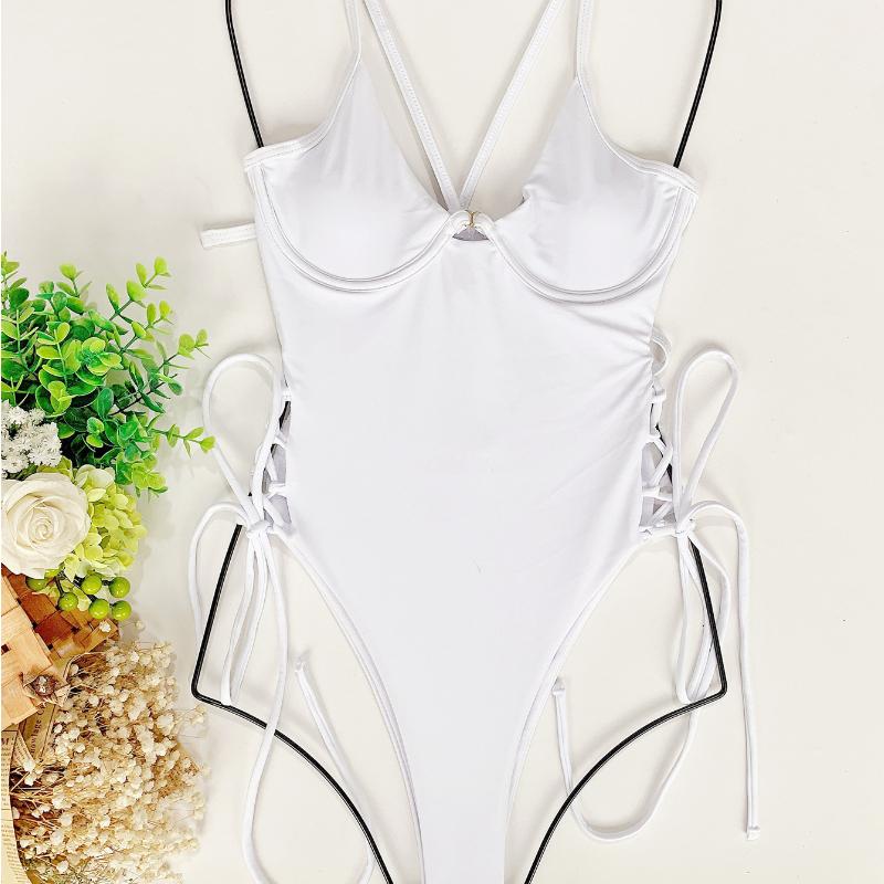 Costume da bagno da donna tinta unita costume intero ritaglio coulisse bikini sexy costumi da bagno brasiliani 8 colori