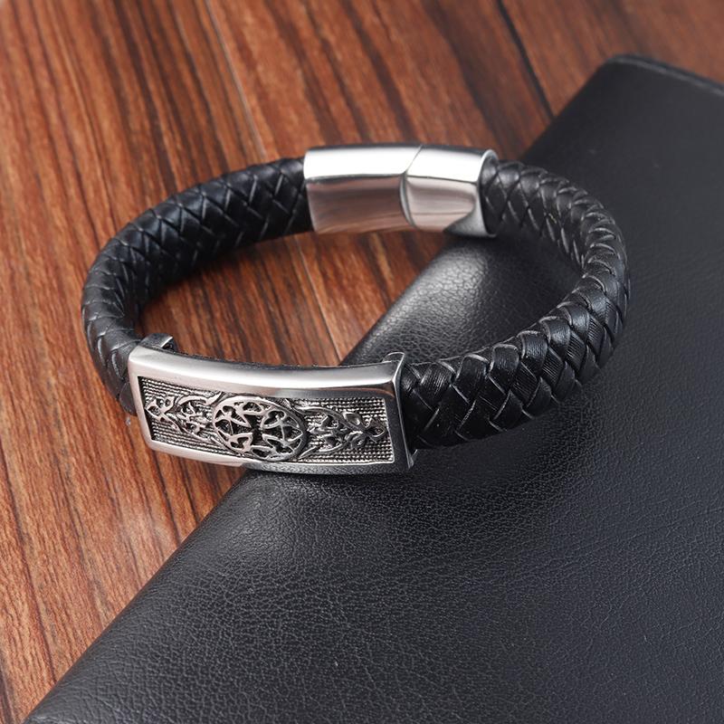 Black Color Cross Pattern Alloy Buckle Genuine Leather Bracelet For Men Stainless Steel Fine Jewelry Sculpture Bracelet