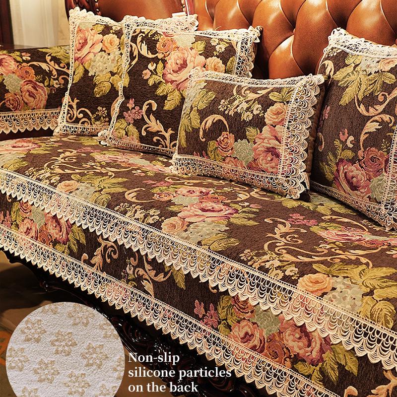 Europäischer Sofakissen mit Spitzensaum, für alle Jahreszeiten, universeller, rutschfester Jacquard-Schonbezug, moderne Wohndekoration, luxuriöser Sofabezug