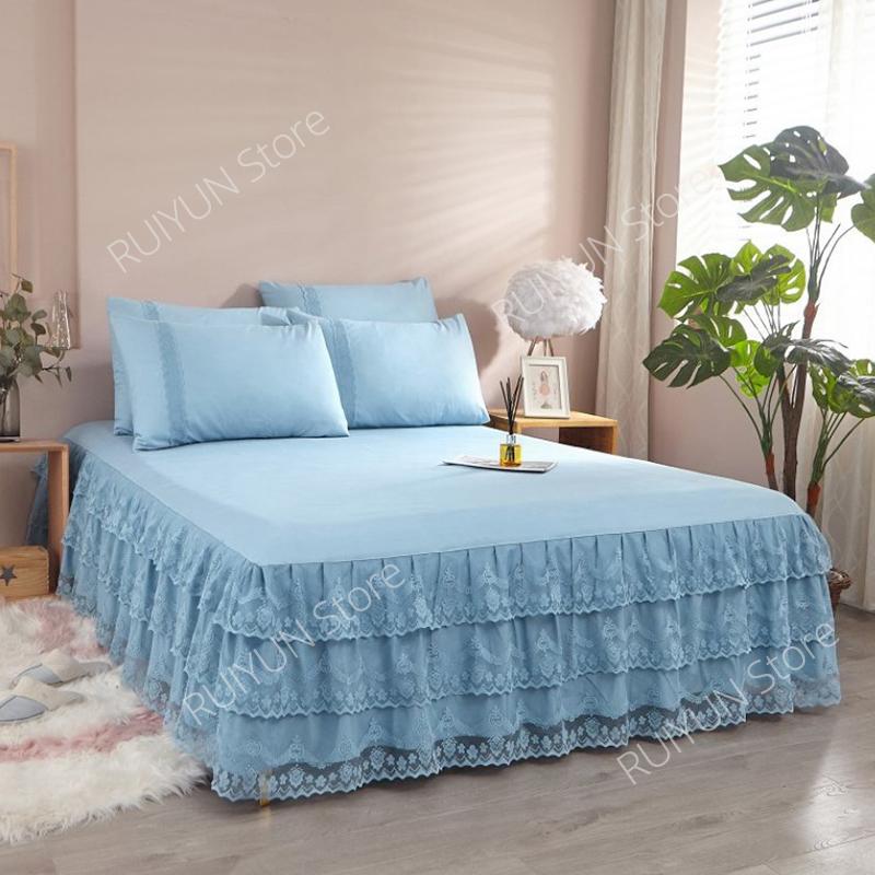 Spitzenrüschen-Bettrock, 3-lagig, Bettrock, Tagesdecke, Schlafzimmerbettdecke, Bettlaken, Bettrock, rutschfester Matratzenbezug, Couvre Lit