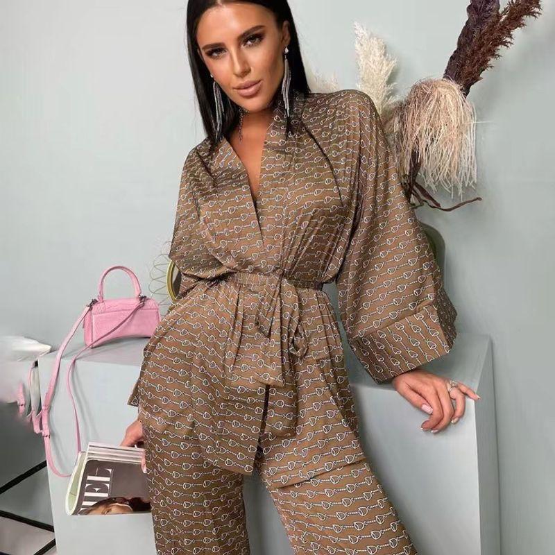 Fashion Satin Cardigan Shoelace Printed Loose Top Pants Suit Homewear Top and Pants Suit