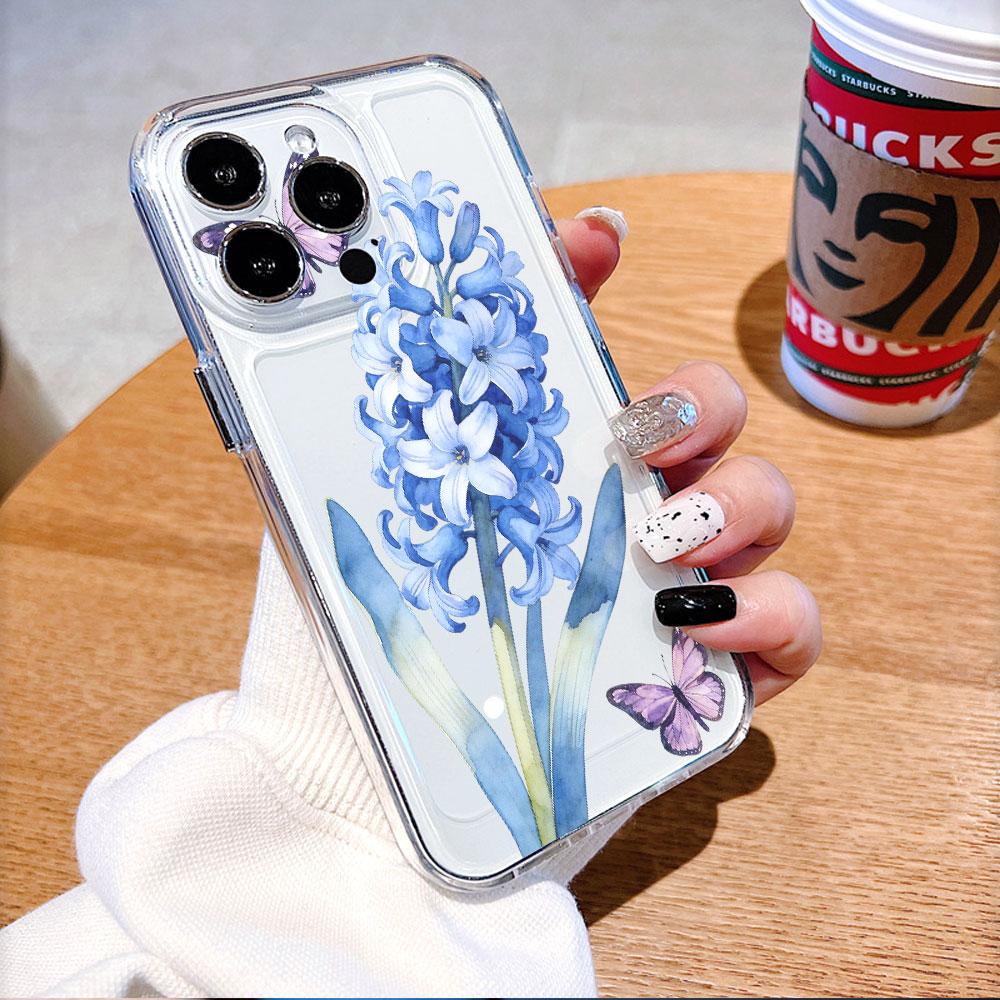 Blue Hyacinth with Purple Butterflies Phone Case for IPhone 14 15 16 17 13 12 11 Pro Max  Plus 12 13 Mini TPU Protect Cover