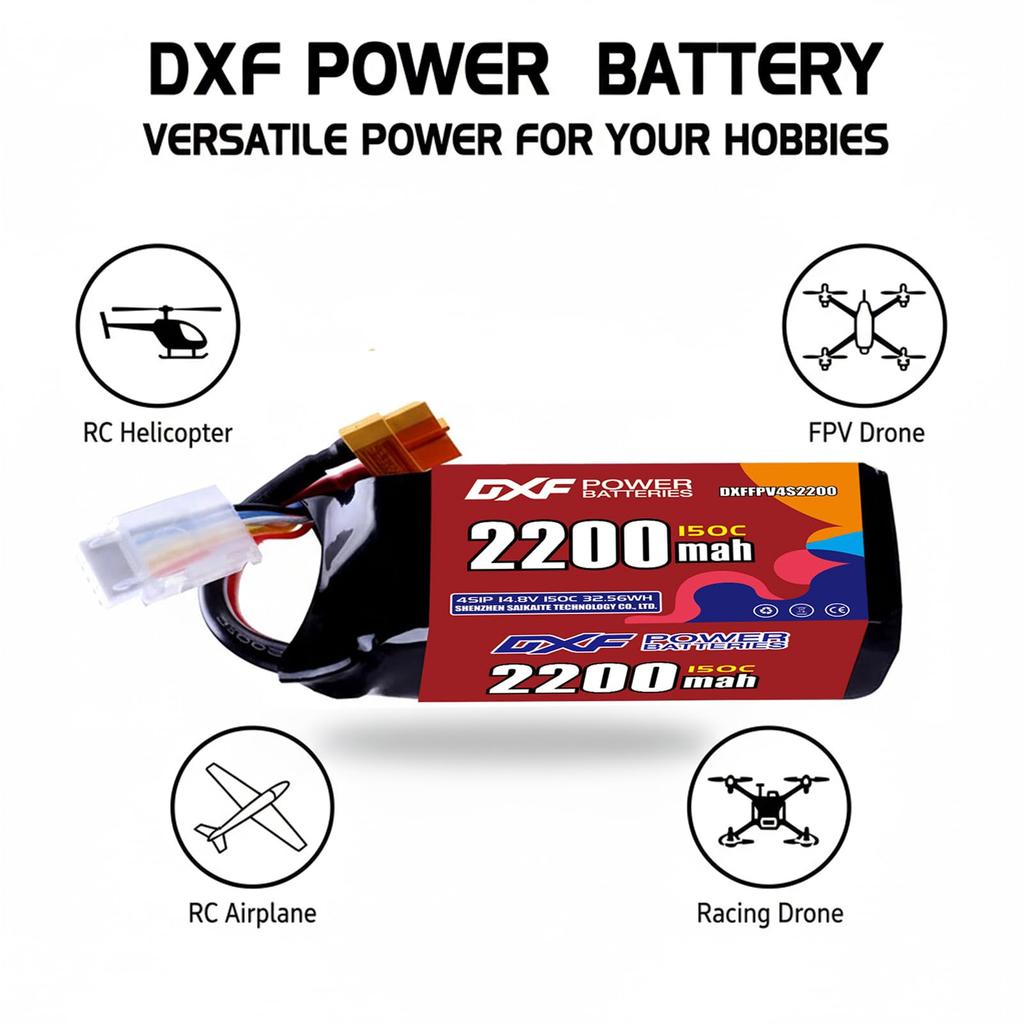 Bateria DXF POWER LiPo 4S 14.8V 2200mAh 150C XT60 do dronów FPV, łodzi RC i dronów wyścigowych. Lekki (229g), Kompaktowa konstrukcja, Ogniwa klasy A.