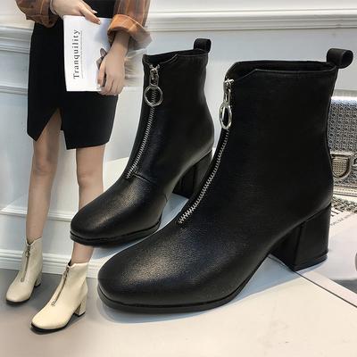 2024 Frühling Herbst Damen Neue Mode Runde Zehe Reißverschluss vorne Niedriger Absatz Stiefel Schwarz Schuhe Wasserdichte Schuhe ghn89