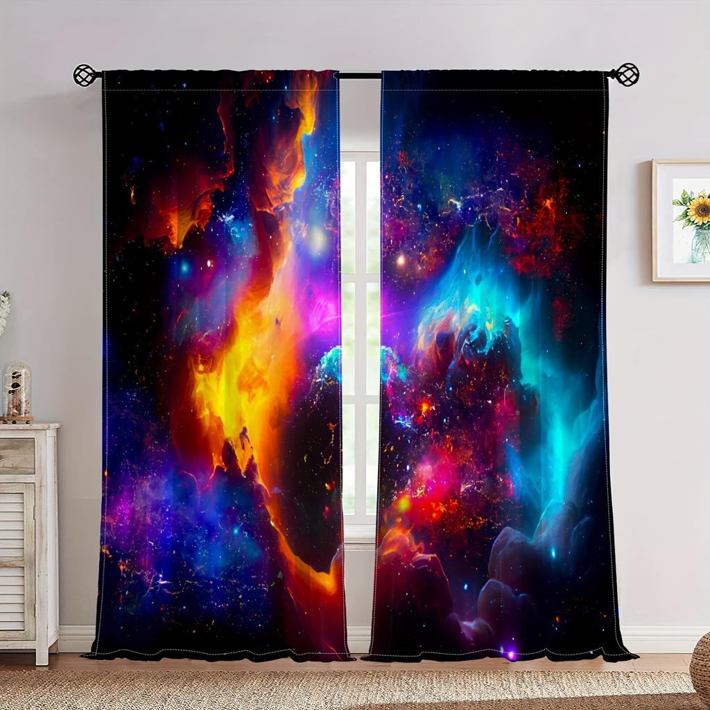 2pcs Galaxy Auroral Starry Pattern Curtains Rod Pocket Window Drapes Window Treatments For Bedroom Living Room Home Decoration