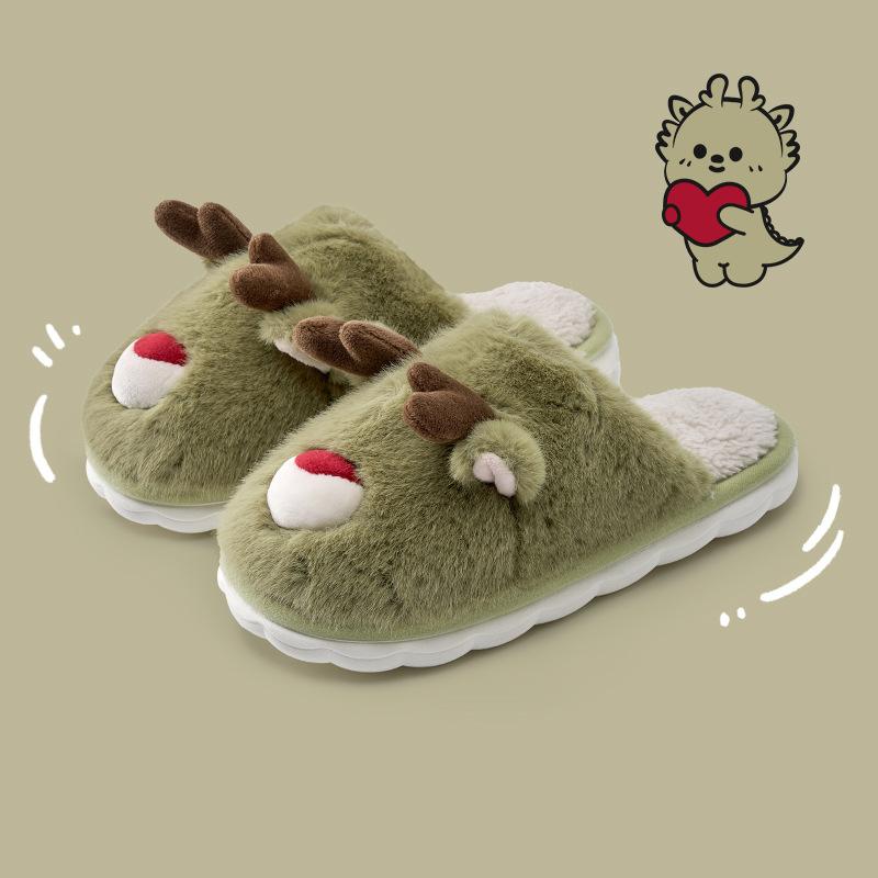 Cartoon elk horn fluffy slippers 2025 new autumn and winter indoor home non-slip can be worn outside warm cotton slippers