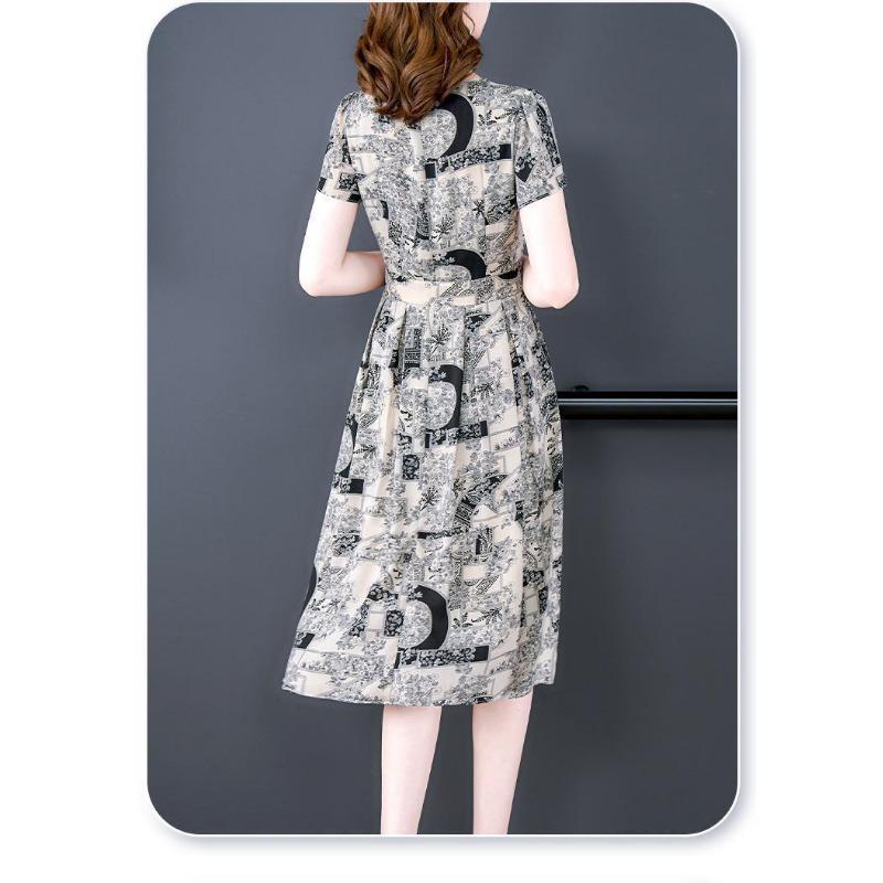 Female Faux Ice Silk Dress Summer New Tie Short-sleeved Dress Printed Thin Show Young V-neck Foreign-style Loose Dresses