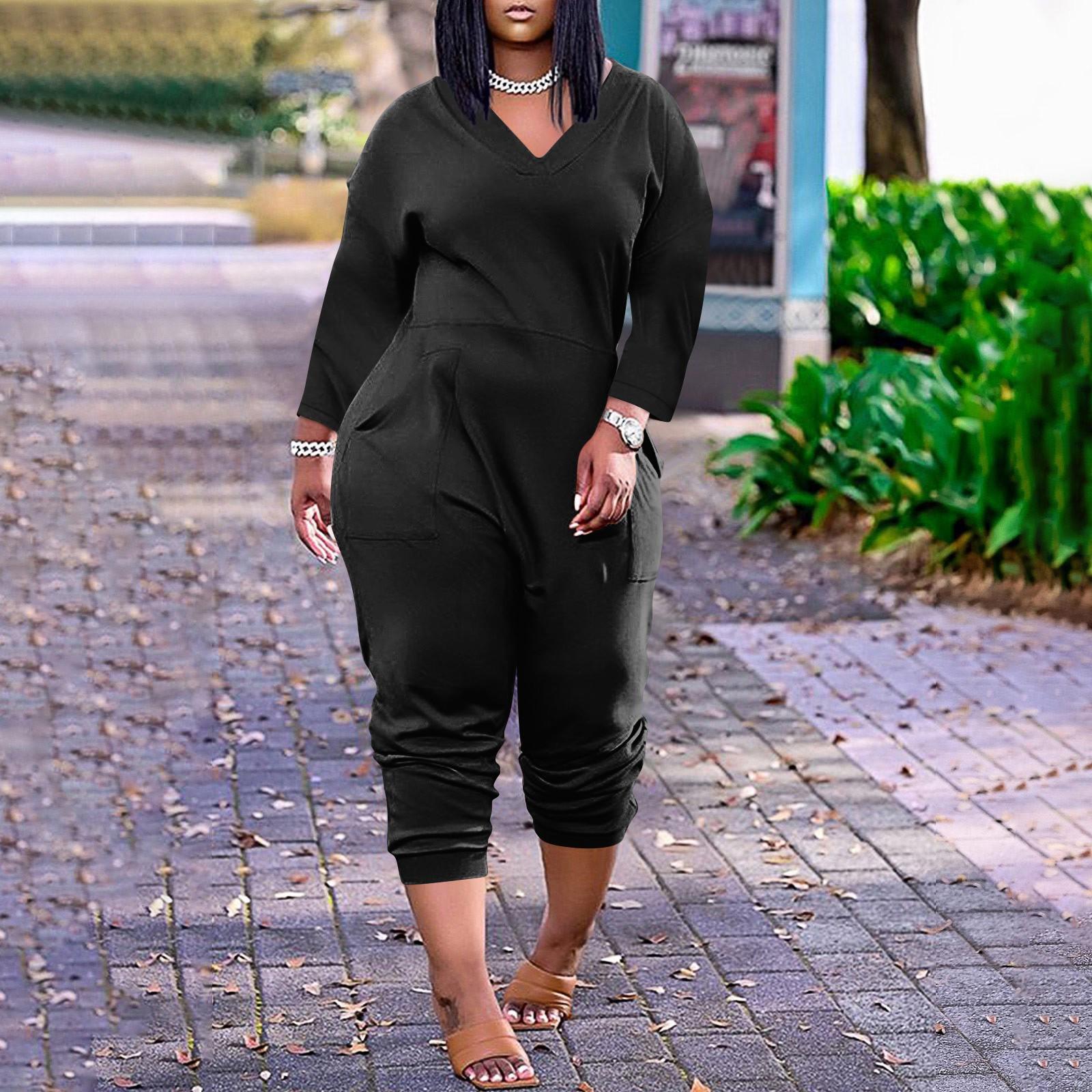 

Женский свободный повседневный однотонный комбинезон с длинными рукавами и v-образным вырезом большого размера XXXXXL чёрный