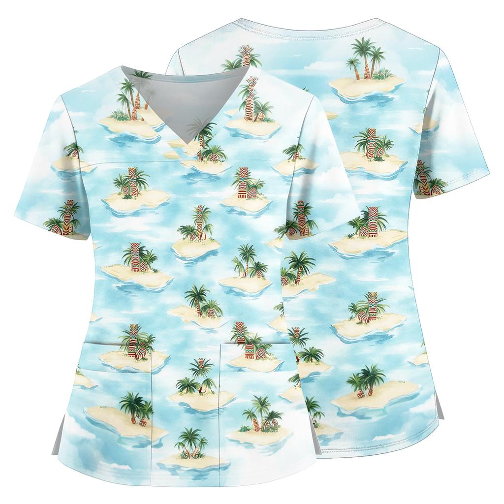 Women's V Neck Medical Scrub Top Hawaiian Print Short Sleeve Side Slit Pockets Nurse Uniform Shirt Lightweight Breathable Fabric
