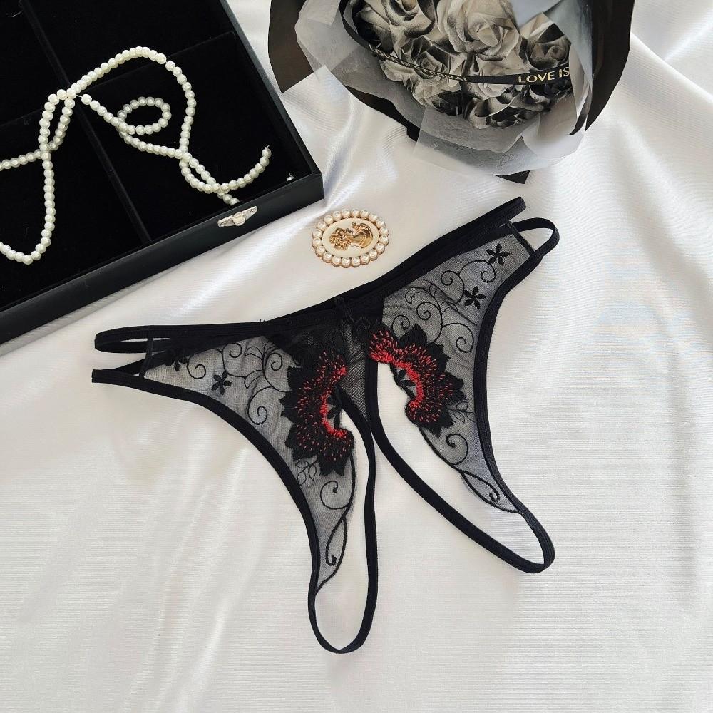 Stretchy Strappy Open Crotch Briefs Floral Embroidery Sheer Mesh Panties Lace Thong  Ladies Girls