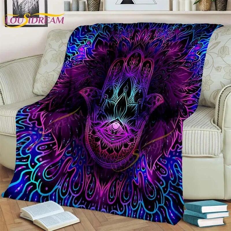 Bule Evil Eye Blanket Hamsa Hand Psychedelic Blanket for Travel Bedding Chair Adult Lightweight Bohemian Style Blanket Tapestry