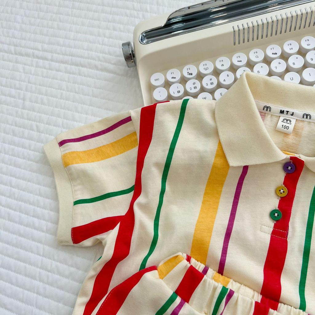 Koreaanse Broer/Zus Gestreept Gebreid Setje: Polo Jurk voor Meisjes & Korte Broek Set voor Jongens
