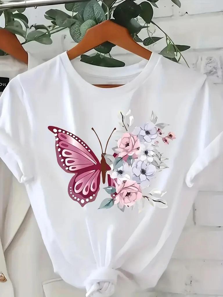 Women'S Crew Neck T-shirt with Geometric Butterfly and Floral Print Light Luxury and Simplicity Style Suitable for All Seasons