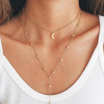 Stylish Retro Women's Collarbone Chain Jewelry, Double Bead Chain Fringed Moon Pendant Necklace