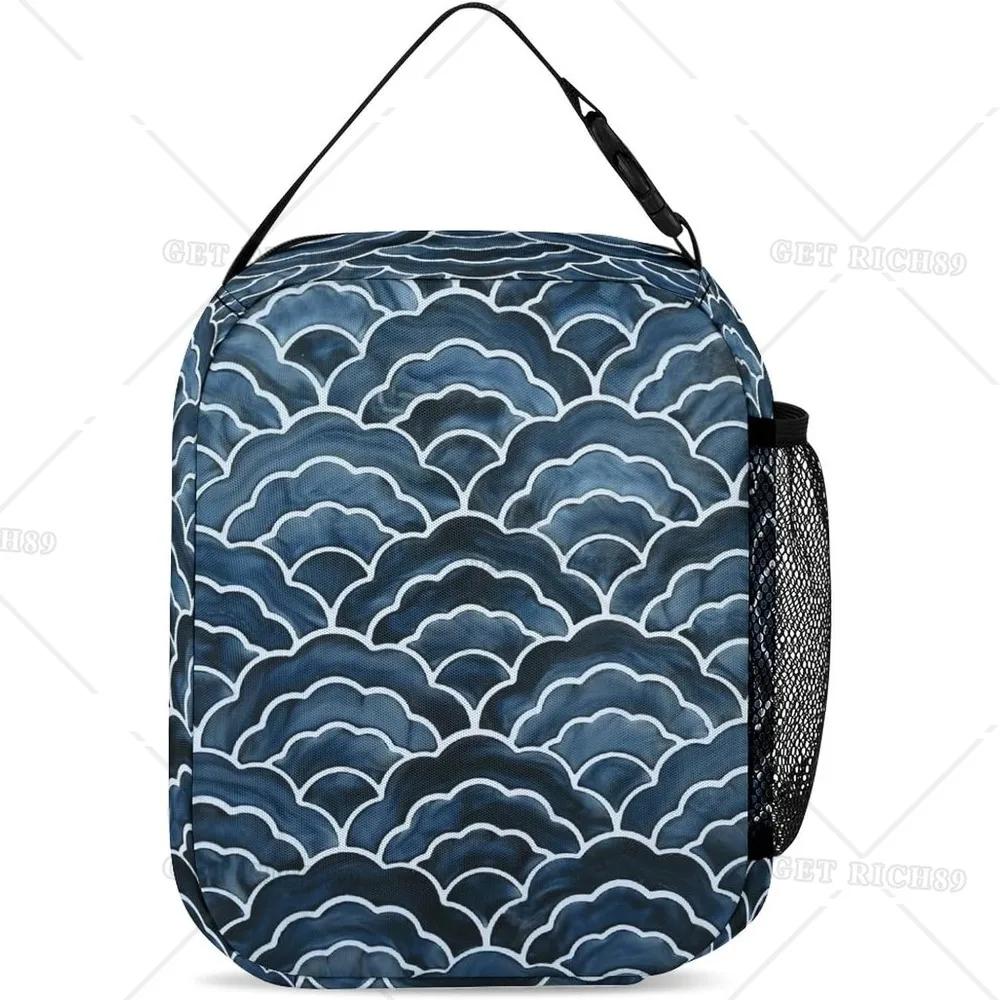 Navy Blue Wave Reusable Portable Lunch Bag for Women Men Insulated Lunch Box with Zipper Cooler Tote Bag for Work Picnic Camping