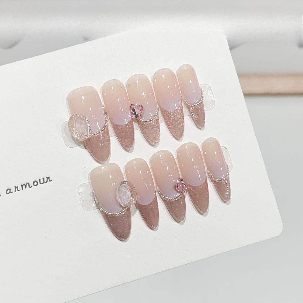 Wearing Armor Handmade High-end Atmosphere Cat Eye French Gradient Sunset Steel Beads Broken Diamond Nail Art Finished Product