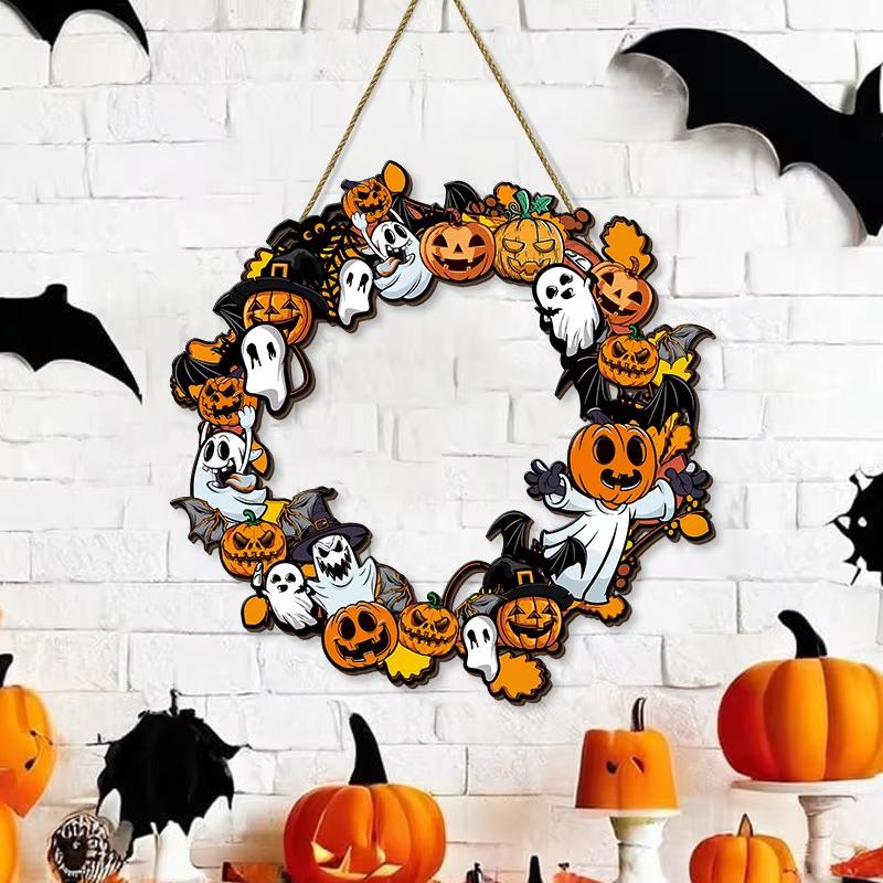 1/2pcs Halloween Pumpkin Bat Ghosts Wreath Wooden Tag Indoor Outdoor Pendant For Festive Party Doors Windows Home Decoration
