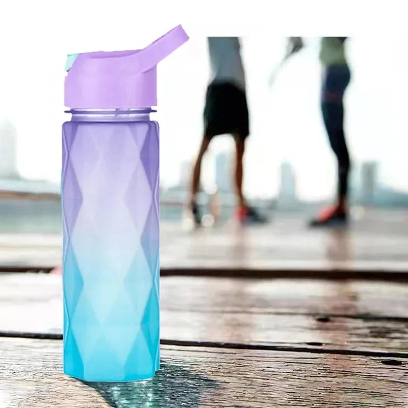 600ML Gradient Sports Water Bottle For Girls Plastic Water Bottles With Straw Portable Drinking Bottle For Outdoor Travel Gym