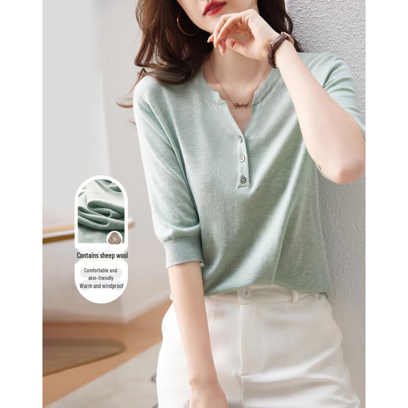 

Demana Women s Half-Collar Wool Blend Short Sleeve Knit Top XL