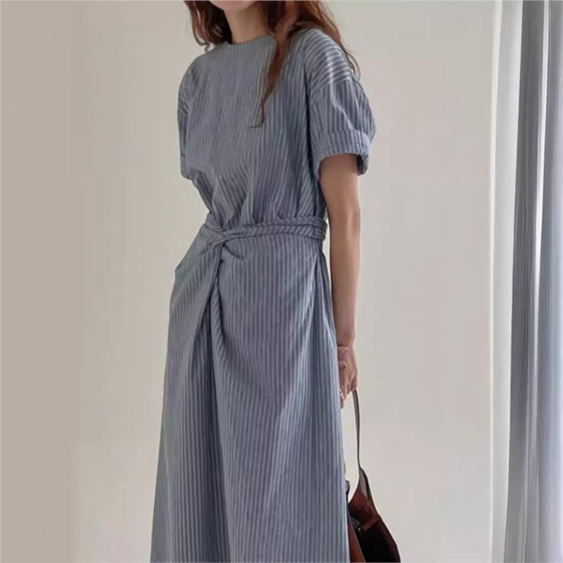 Johnature Korean Lazy Retro Striped Lace-up Waist Dresses Summer Women O-neck Short Sleeve Loose Casual Dresses