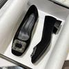 Square head single shoes women's autumn new light mouth shoes rhinestone black women's temperament thick heel ladyshoes