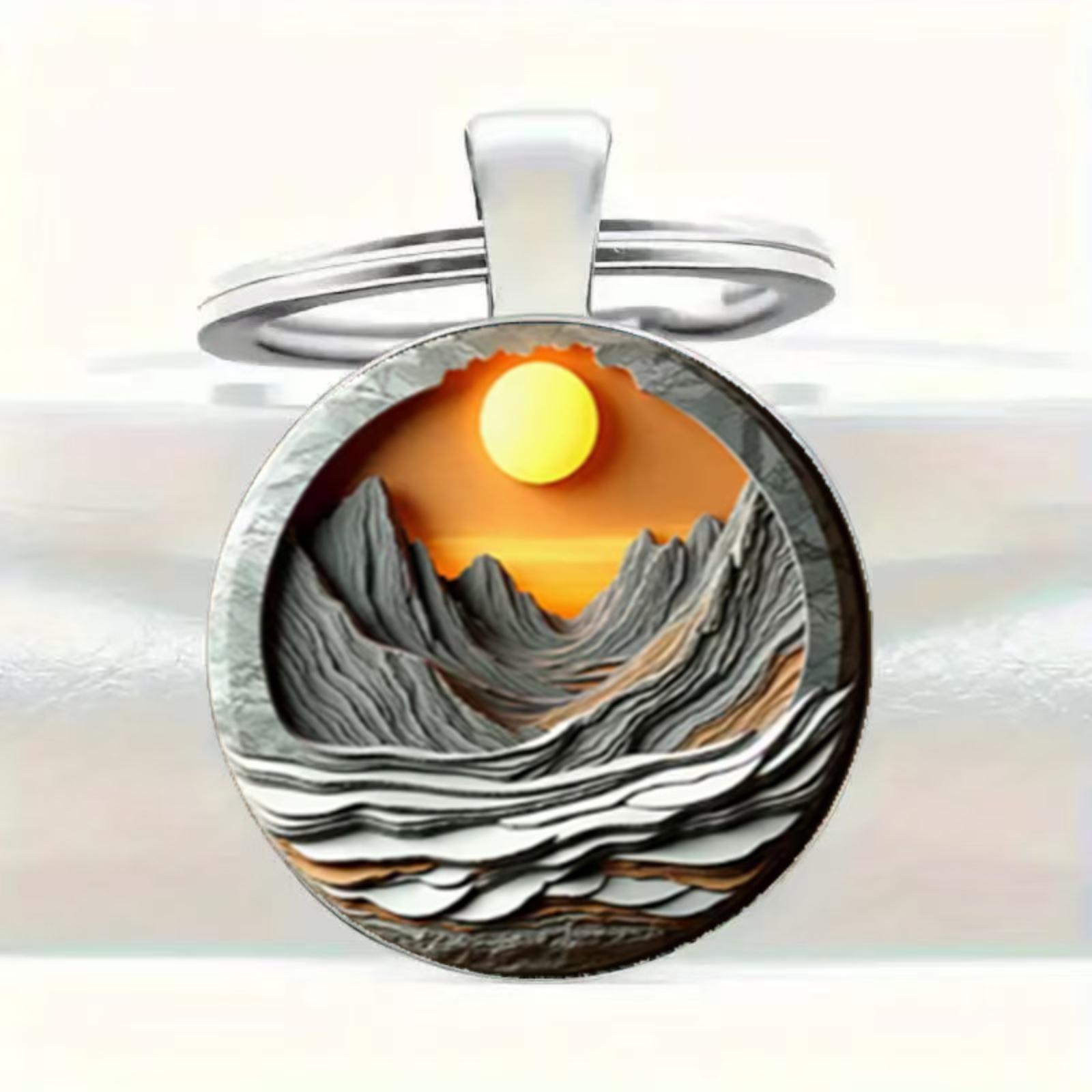 Naturalistic Volcano Sunrise Warm Sunlight Design Round Glass Alloy Keychain One Size