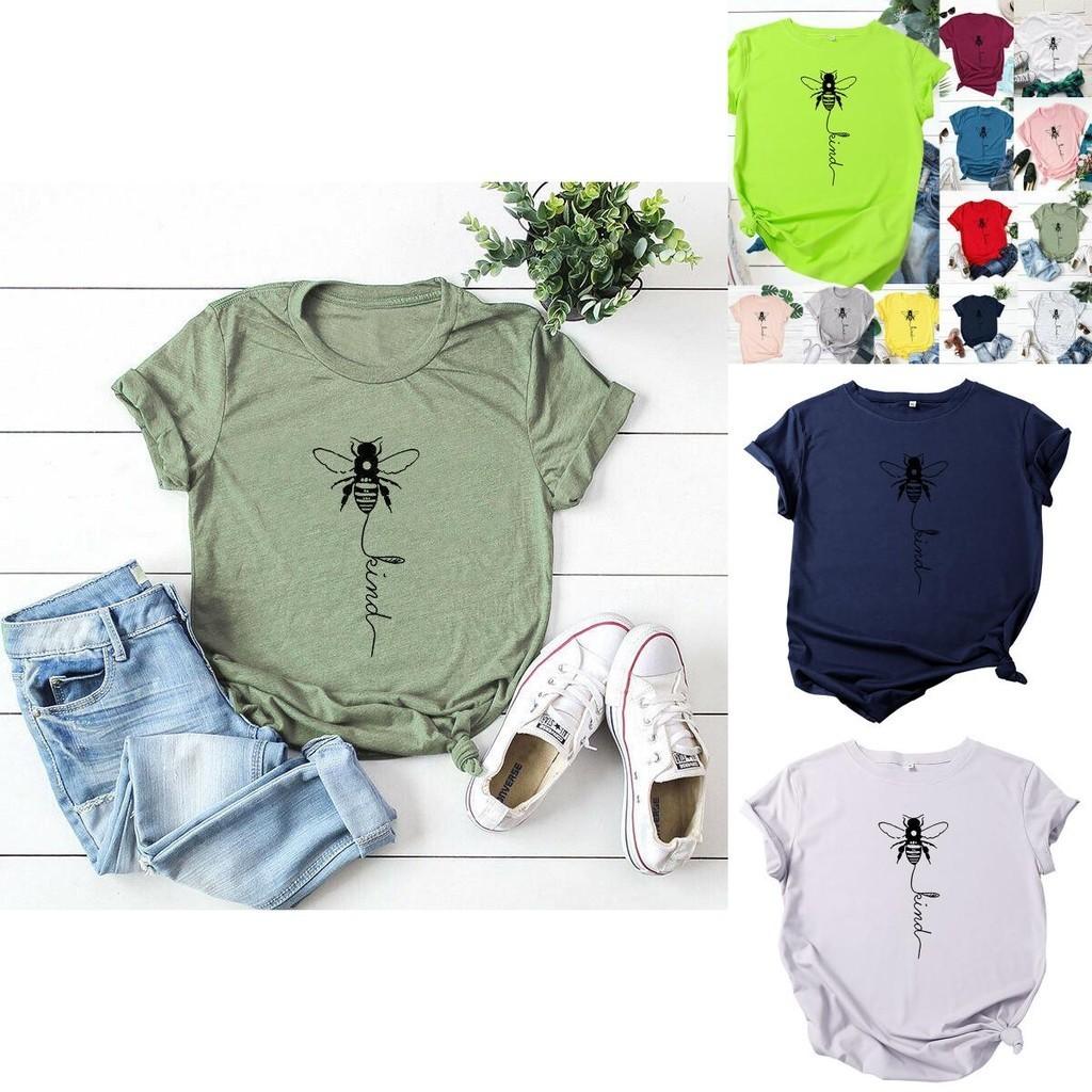 Camisetas de cuello redondo con estampado de abejas para mujer, confeccionadas con suave tejido de algodón para mayor comodidad