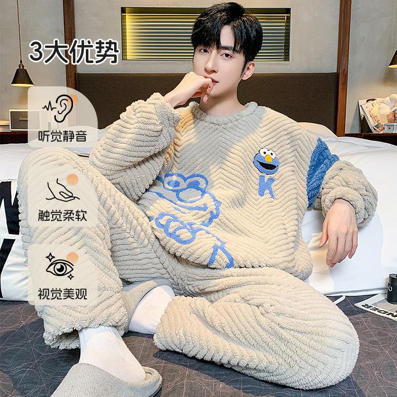 Men's pajamas coral fleece autumn and winter warm home leisure suits can be worn outside plush loungewear men's