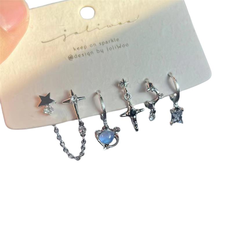 6Pcs/set Goth Punk Crystal Moon Cross Star Pendant Earrings For Women Girls Temperament Versatile Jewelry Accessories Gifts