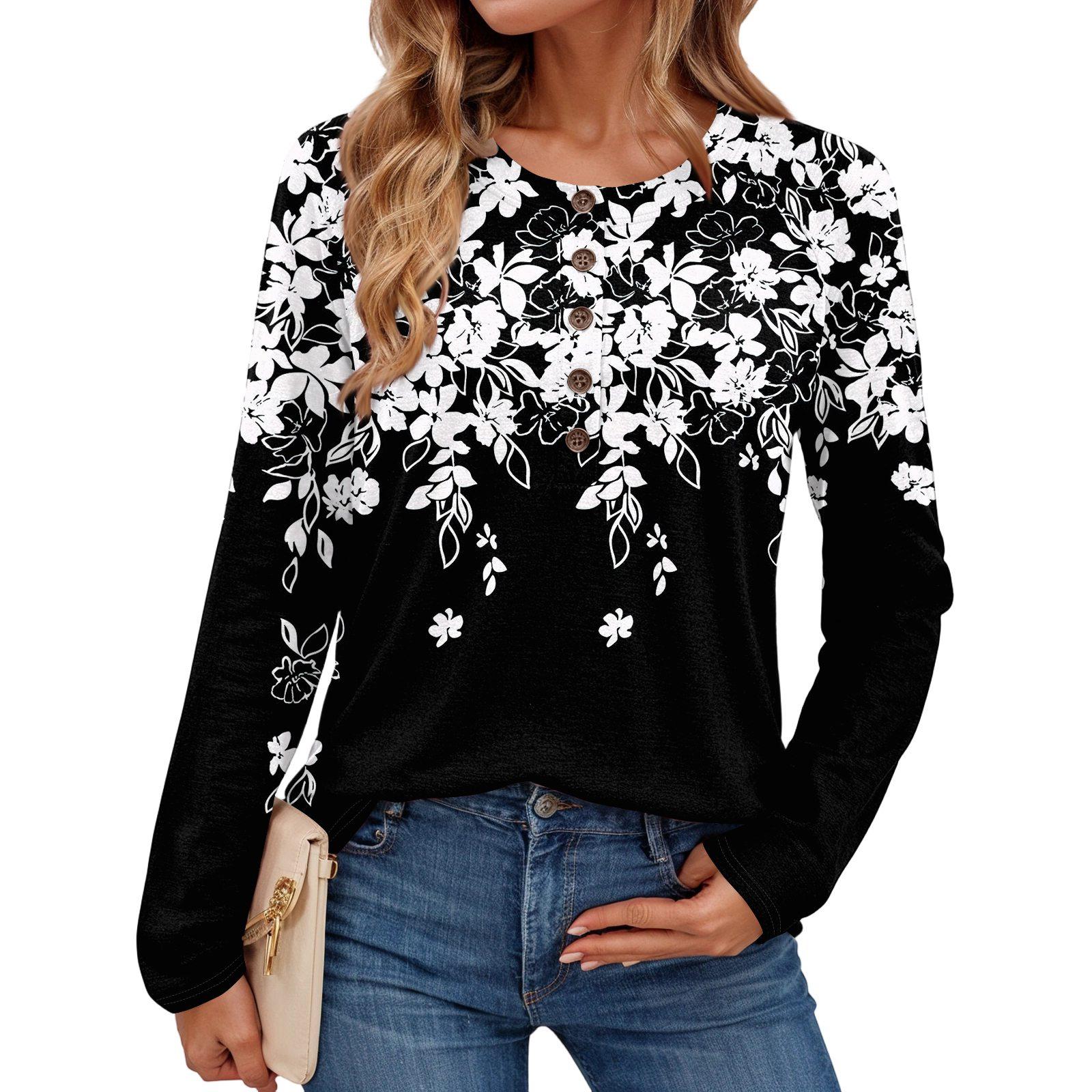 

Women s Fashionable Vintage Floral Print Round Neck Long,sleeved Top L Темно-синій