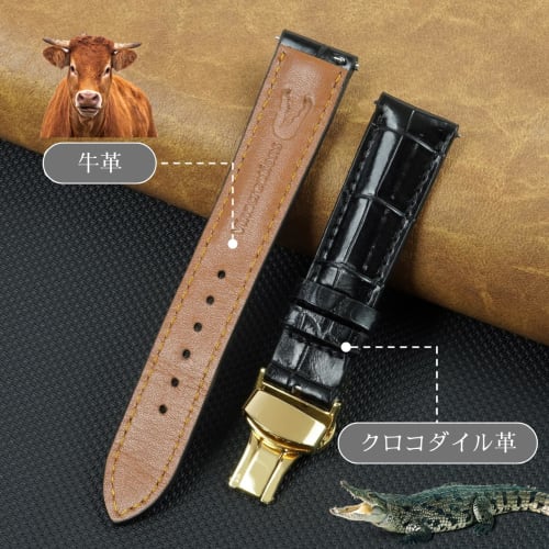Vinacreations 22mm Black Crocodile Watch Strap with D-Buckle, Men's Alligator Replacement Watch Band with Quick Release Spring Bars, Gold Wrist Strap,