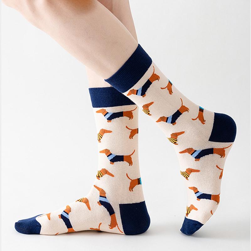 1/5 Pairs Unisex Puppy Print Round Neck Socks Fashionable Animal Soft Comfortable Sweat Absorbing Breathable Cotton Casual Socks