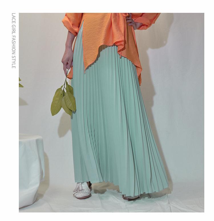 Jaro a Léto Nová Jednobarevná Dlouhá Skládaná Sukně Plus Size Sukně s Vysokým Pasem Dámská Sukně s Elastickým Pasem