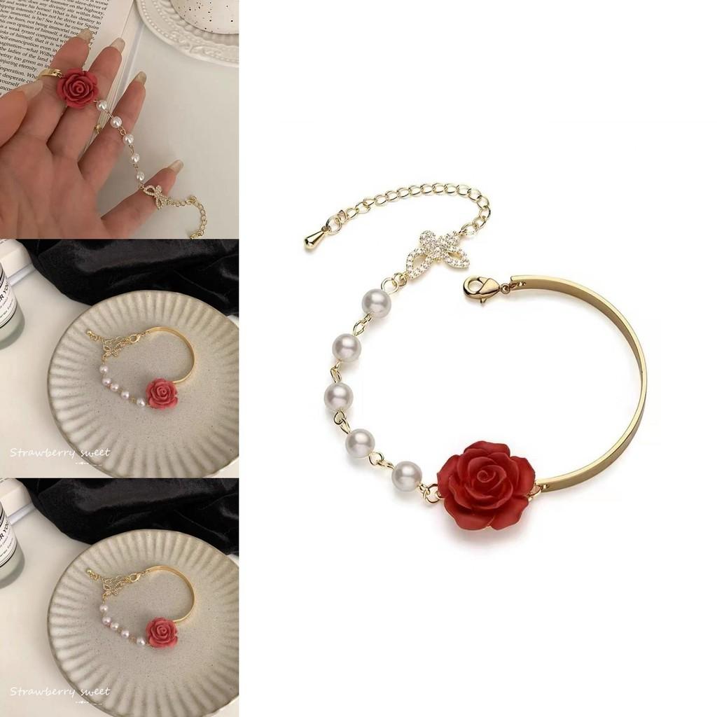 High-end Fashionable Red Rose Pearl Bracelet For Women With Geometric Design