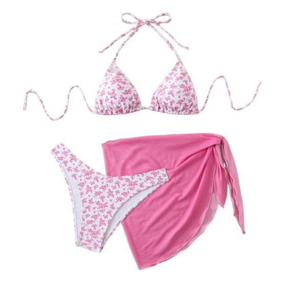 3-tlg./Set Damen Blumenmuster Bikini-Set Neckholder Gepolstert Ohne Bügel BH Schnelltrocknend Badehose Unifarben Überwurf Rock Set Sommer Strandmode
