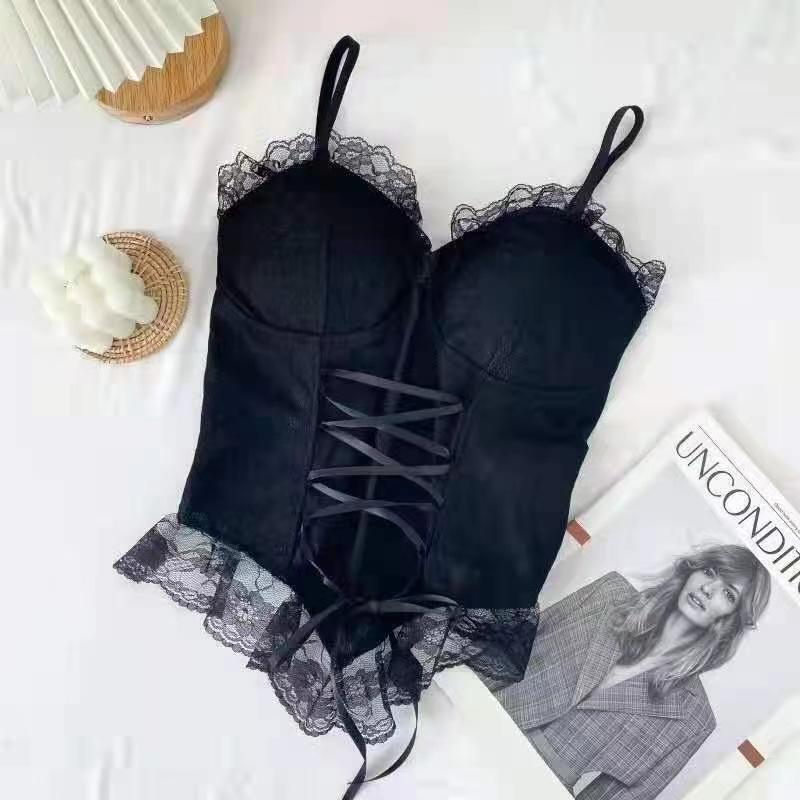 Kleidung Blusen Sexy Crop Tops Damen Korsett Spitze Bandage T-Shirt Camisole Damen Träger Tanktop Mode Ärmellose Weste