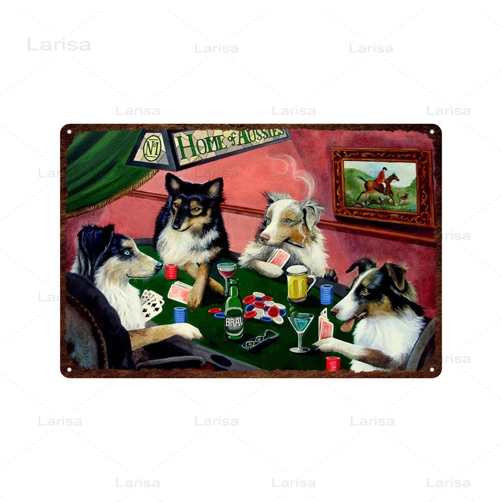 Dogs Playing Poker Game Metal Plaque Animals Playing Billiards Tin Sign Garage Club Wall Pub Tin Sign Vintage Metal Posters