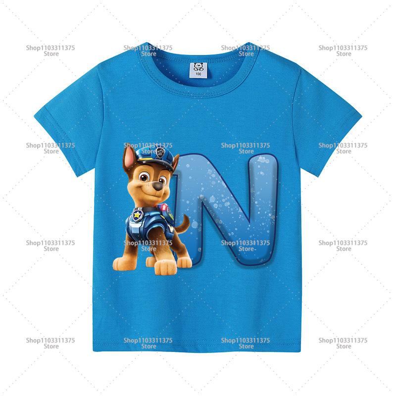 Cute PAW Patrol Blue T-shirt Boys Clothes Letter A-Z Printed Short Sleeve Cartoon Fashion Kids Birthday Toddler Cotton Tops Gift
