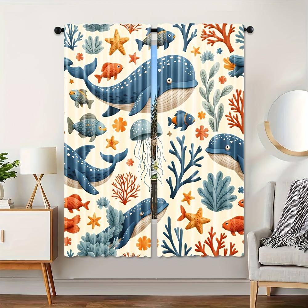 2pcs Colorful Sea Animal Ocean Curtains - Semi-Sheer, Whimsical Whale, Fish & Coral Design, Rod Pocket for Bedroom, Living Room,