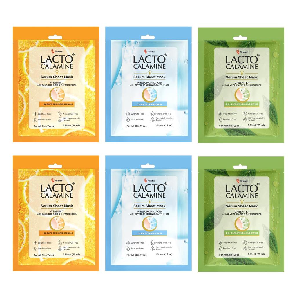 Lacto Calamine Face Sheet Mask Combo Pack of 6 | Vitamin C, Hyaluronic Acid & Green Tea | Brightening Hydrating Clarifying 25mx6