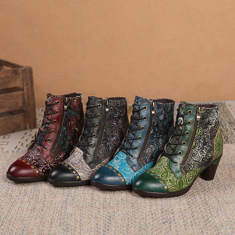 Johnature Vintage Floral Genuine Leather Patchwork Rivet Handmade High-heeled Women's Short Boots