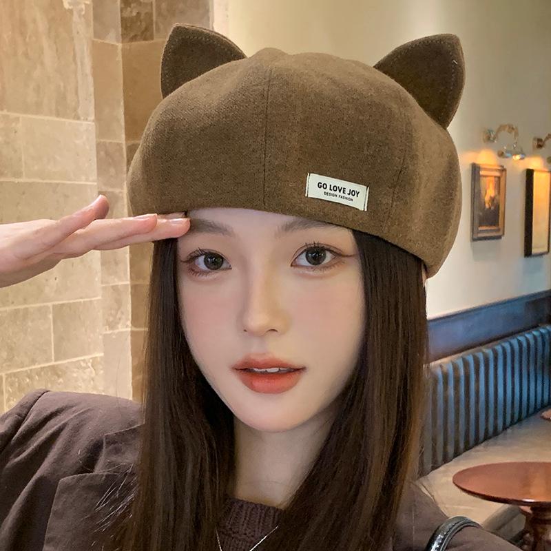 Korean Style Cute Cat Ear Beret - Casual, Versatile, Slimming, Large Head Circumference