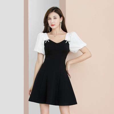 Woman Dress Hit Color Lantern Sleeve Elegant Fashion Ball Gown Dresses Formal Style Summer Autumn Clothing