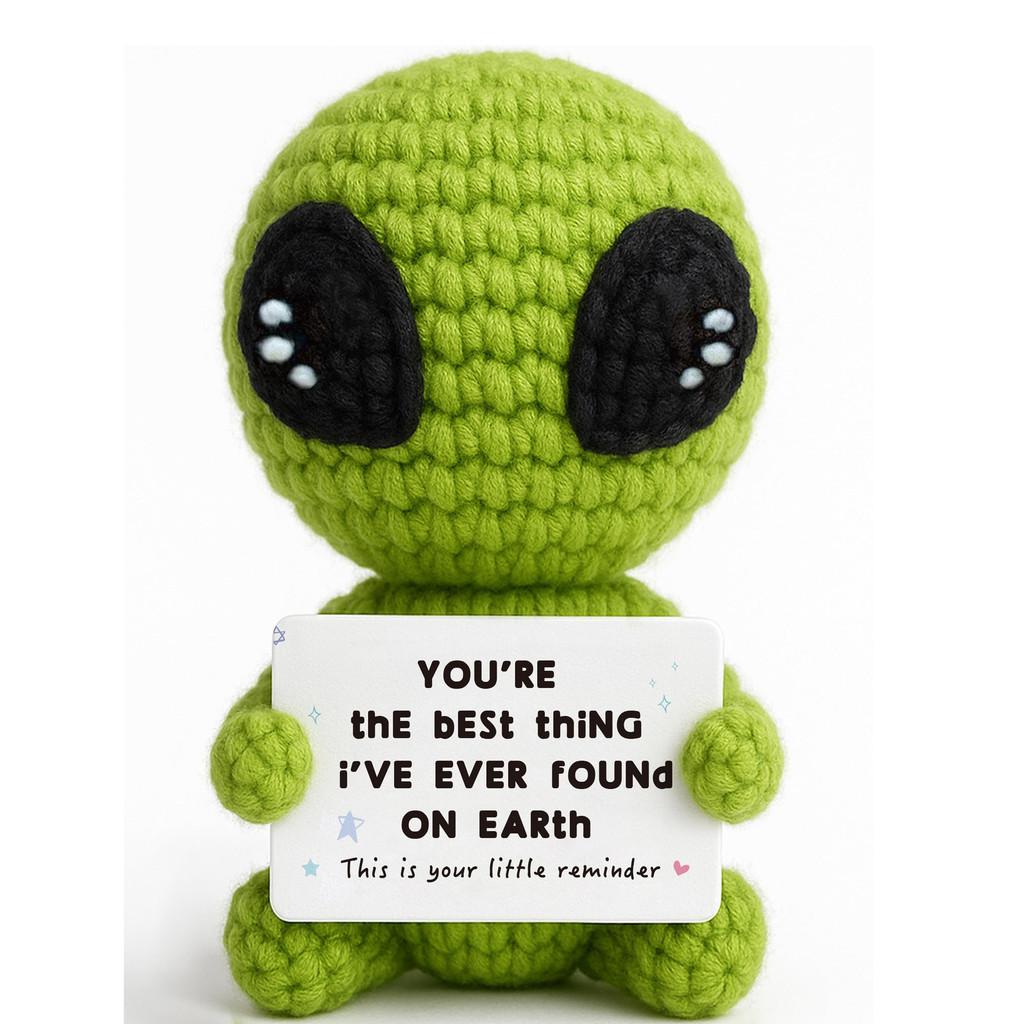 Grünes Alien Positives Häkeltier Puppe Mit Karte Schreibtischschmuck Emotionale Unterstützung Handgefertigt Gestrickt Aufmunterungsspielzeug