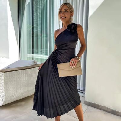 Shoulder Pleated Flower Decor Hollow Out Backless Sleeveless Irregular Hem Cocktail Party Wedding Midi Dress