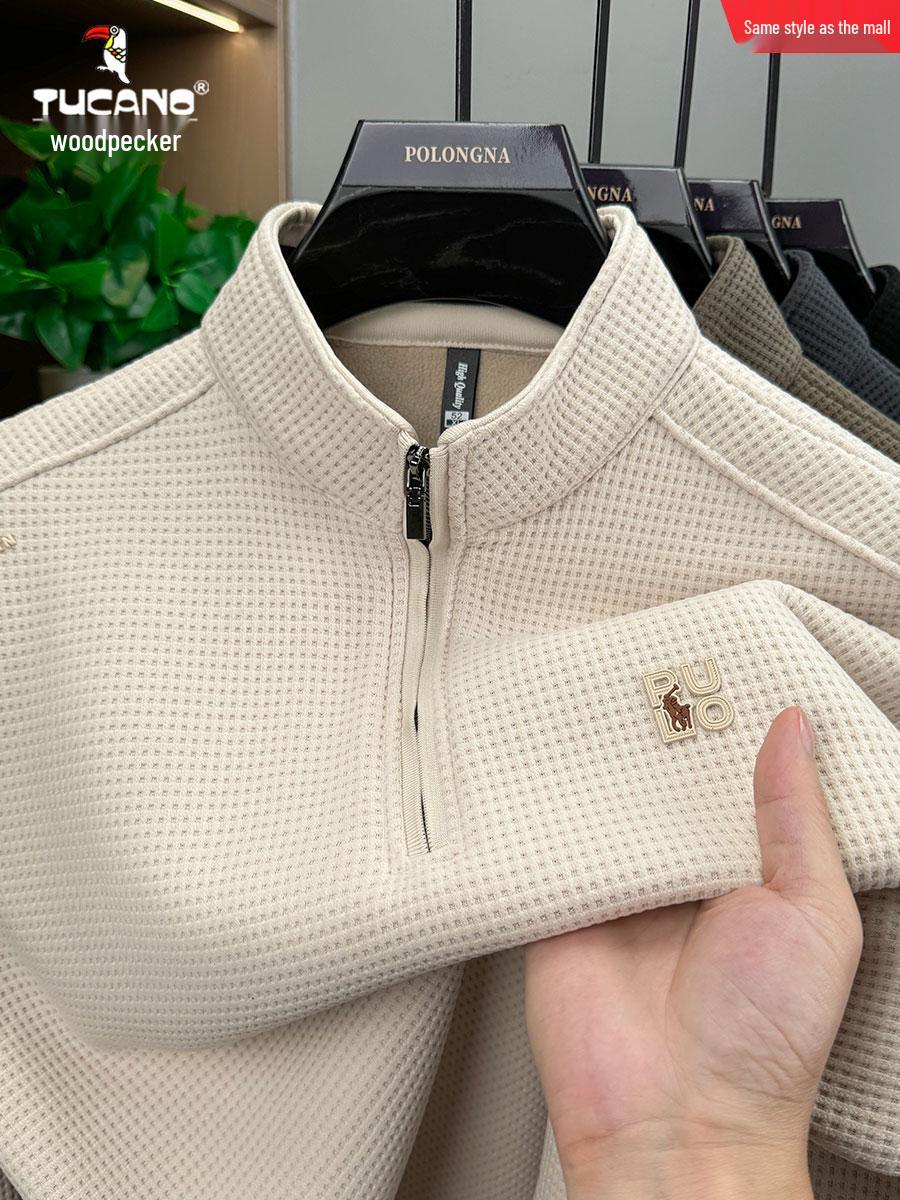 Men s Woodpecker Plus Velvet Half-Zip Hoodie, Thickened, Stand Collar, Long Sleeve, Autumn/Winter Casual Warm Outerwear. 3XL (180-200 jin)